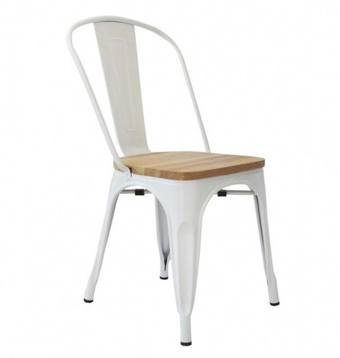 Sedia in acciaio bianco con seduta in legno massello di olmo finitura naturale, 45 x 52 x 85,5 cm