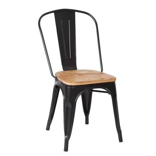Svart stålstol med stol i massivt almträ, naturfinish, 45 x 52 x 85,5 cm