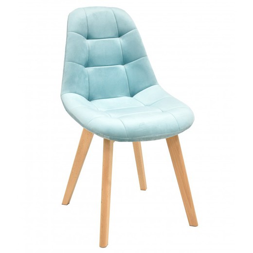 Chaise de salle à manger Lorena en velours bleu clair/naturel et bois, 48x46x82 cm