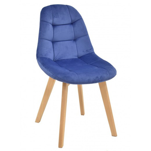 Lorena Μπλε/Καρέκλα τραπεζαρίας από φυσικό βελούδο και ξύλο, 48x46x82 cm