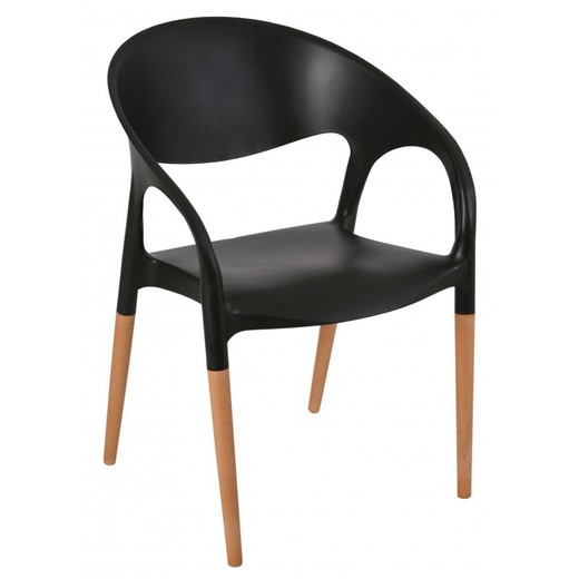 Moon Dining Chair in Plastic and Beech Wood, Black/Natural, 56x55x80 cm