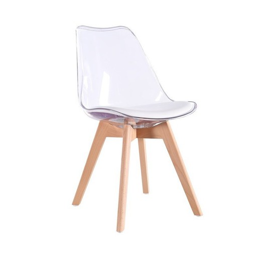 Plastic Tower Dining Chair, Kunstleder und Weiß/Transparent/Buchenholz, 58x59x81 cm