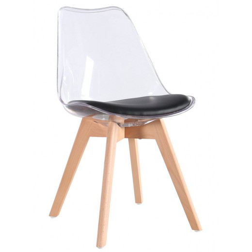 Plastic Tower Dining Chair, Imitation Leather and Black/Transparent/Natural Beech Wood, 58x59x81 cm