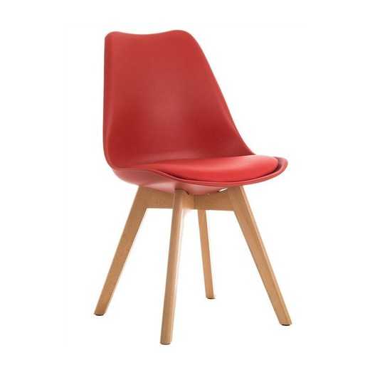 Cadeira de jantar em torre de plástico, couro sintético e madeira de faia vermelha/natural, 48'5x42x82'5 cm