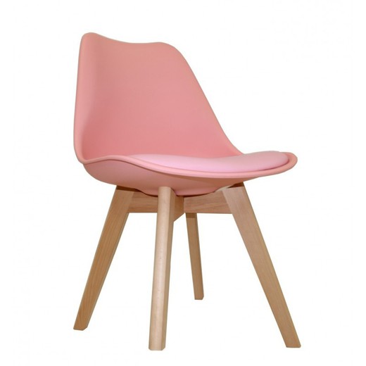 Chaise de salle à manger tour en plastique, similicuir et bois de hêtre rose/naturel, 47'5x45x81 cm