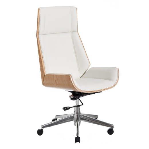 Chaise de bureau en simili cuir et bois, blanc et naturel, 65 x 66 x 108,5 cm