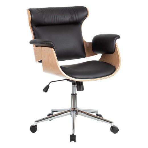 Chaise de bureau en simili cuir et bois, noir et naturel foncé, 68 x 62 x 85 cm
