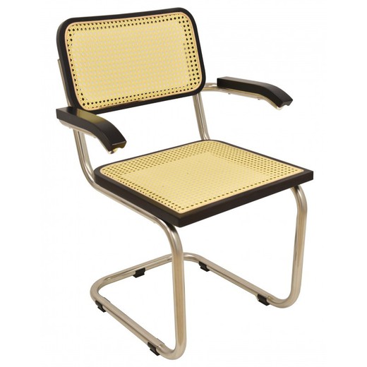 Desk Chair without Wheels Ces in Stainless Steel and Beige/Black Teak, 56x53x86 cm