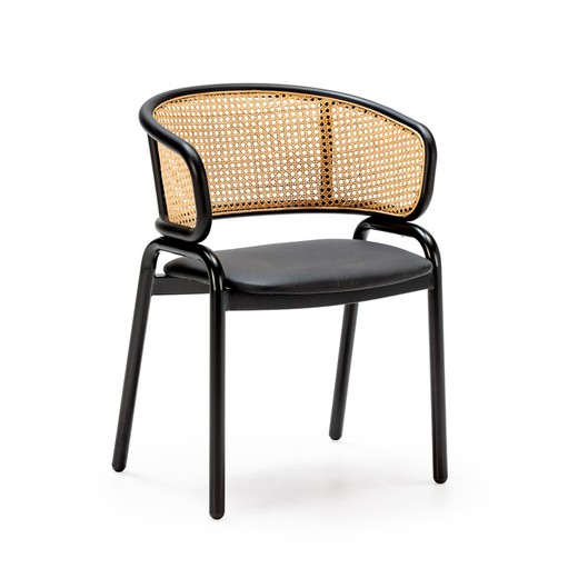 Chaise en fer et rotin noir/naturel, 56 x 52 x 76 cm