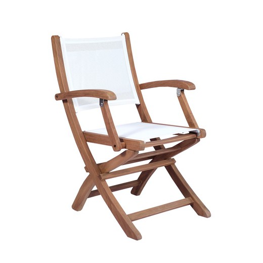 Πτυσσόμενη καρέκλα κήπου από ξύλο τικ και Batyline σε φυσικό και λευκό, 57 x 61,5 x 88 cm | Candon