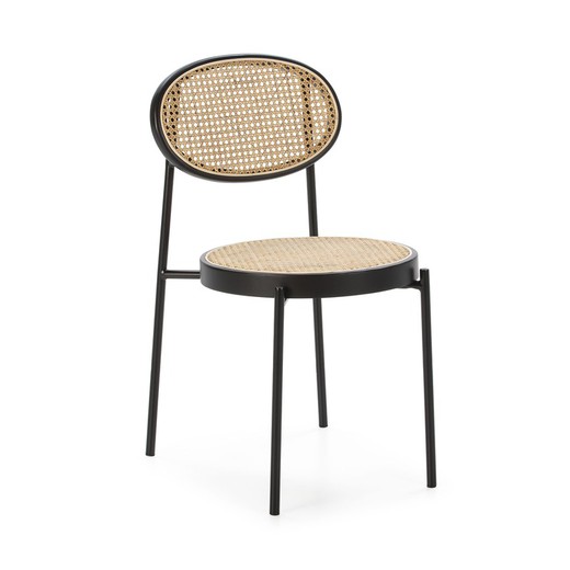 Chaise en métal et bois/rotin noir, 43x53x83cm
