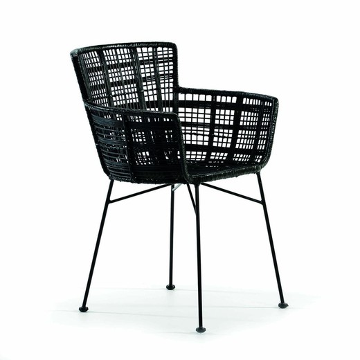Stuhl aus schwarzem Metall und Korbgeflecht, 55 x 62 x 80 cm