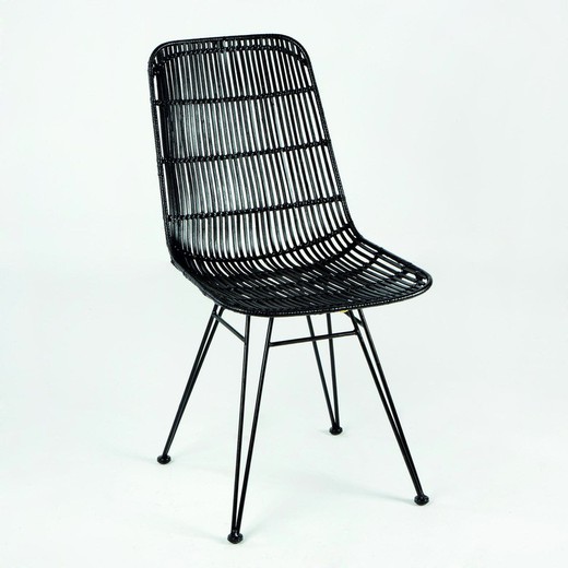 Cadeira de metal preto e vime, 57 x 45 x 88 cm