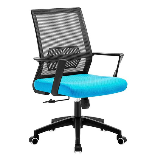 Tilting office chair with black mesh and blue fabric, 58 x 62 x 98/106 cm
