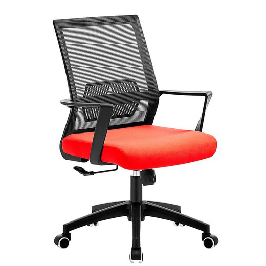 Lutande kontorsstol med svart nät och rött tyg, 58 x 62 x 98/106 cm