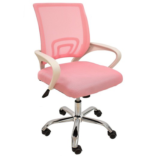 Tilting office chair with mesh and pink fabric, 56 x 59 x 89/97 cm