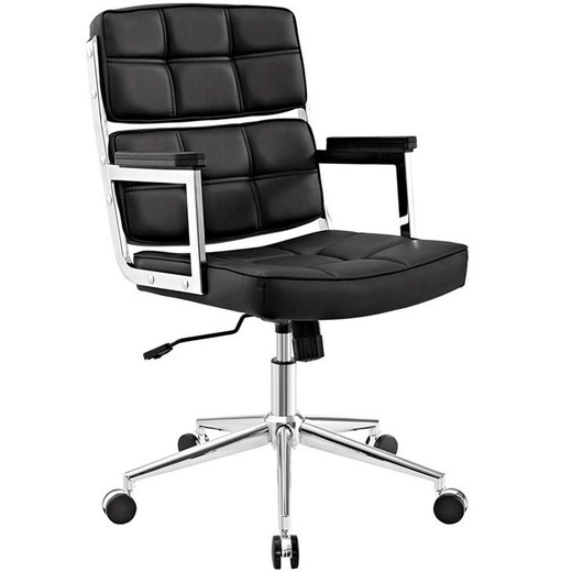 Tilting office chair in black imitation leather and chrome structure, 57 x 63.5 x 94/102 cm