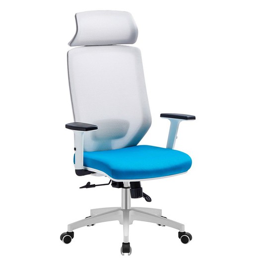 Bureaustoel met grijze mesh en lichtblauwe stof, 69 x 61,5 x 119/127 cm