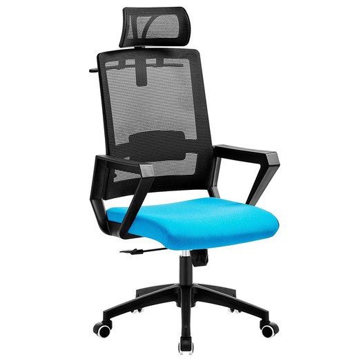 Office chair with black mesh and light blue fabric, 60 x 63 x 116/125 cm