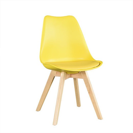 Gele polypropyleen stoel met kussen en poten van beukenhout 47,5 x 45 x 81 cm