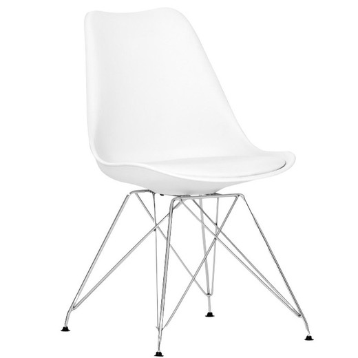 Vit stol av polypropen med vit kudde och kromben, 48 x 41 x 82 cm