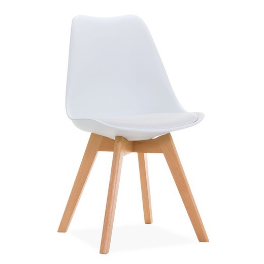Vit stol av polypropen med kudde och ben i bokträ 47,5 x 45 x 81 cm