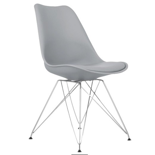 Grå stol af polypropylen med grå pude og kromben, 48 x 41 x 82 cm
