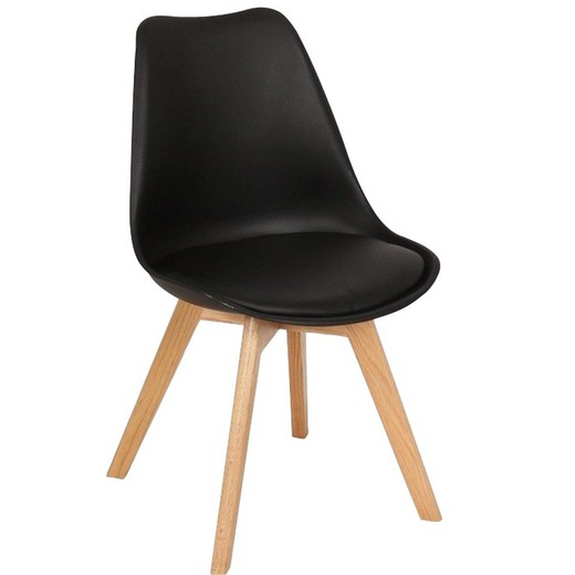 Black polypropylene chair with cushion and legs in beech wood 47.5 x 45 x 81 cm