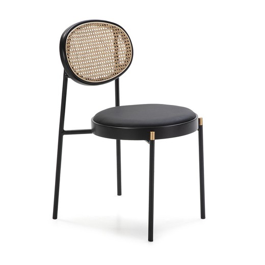 Krzesło rattanowe, czarna skóra ekologiczna i metal, 43x53x83 cm