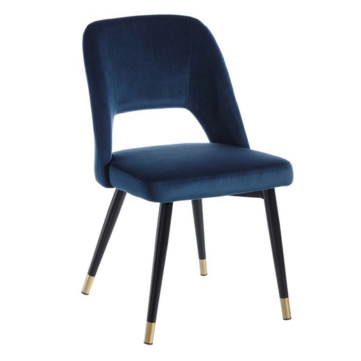 Velvet and steel chair in blue and black, 45 x 46 x 83 cm