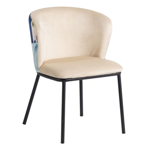 Stuhl aus Samt und Stahl in Creme und Mehrfarben, 58 x 52 x 77 cm
