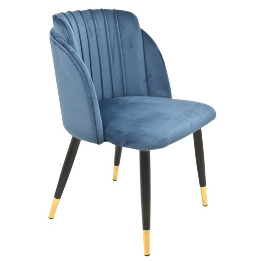 Chaise rembourrée en velours bleu et structure en métal noir et détail or mat, 61 x 52 x 80 cm