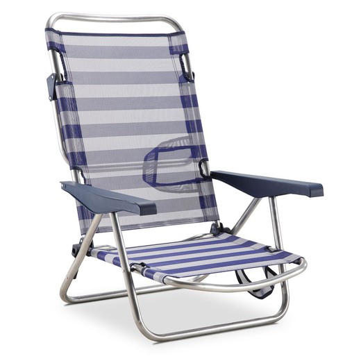 Strandstole med 4 positioner i tekstil og sammenklappelige ben på ryglænet, 81x62x86 cm
