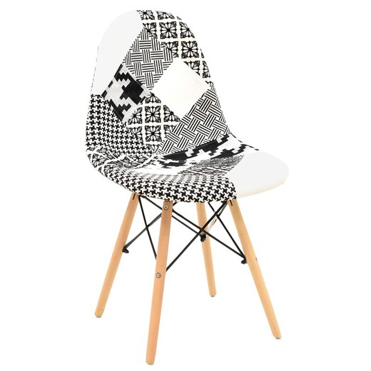 Sedia rivestita in patchwork bianco e nero e gambe in legno, 46,5 x 50,5 x 83,5 cm
