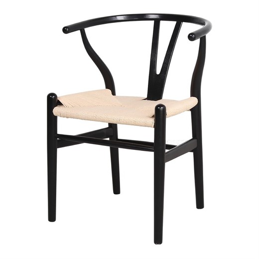 Wegner stoel van beukenhout en zwarte natuurlijke vezels, 56x54x77,5 cm