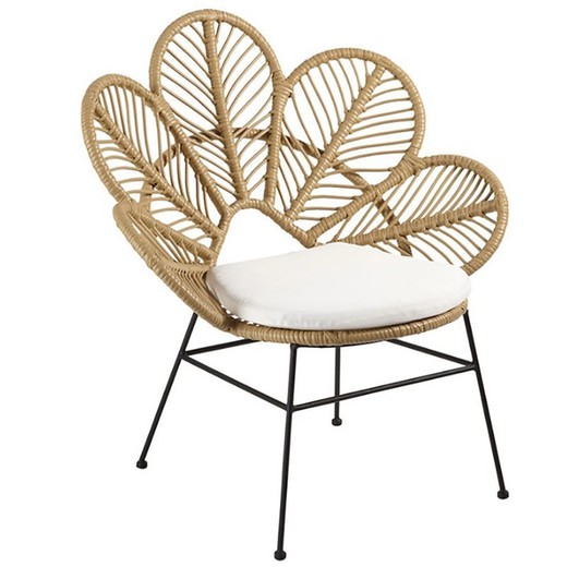 Bloom fauteuil met beige kussen van metaal en rotan, 76x58x99cm