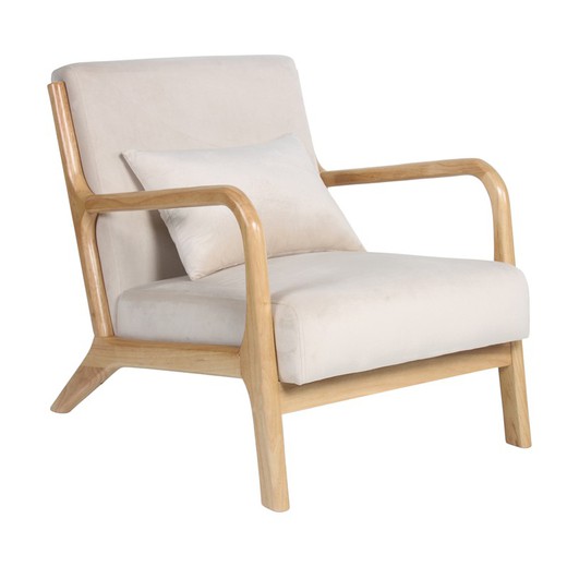 Πολυθρόνα Risto με βελούδο και μπεζ/μαξιλάρι από φυσικό ξύλο, 66x84x74 cm