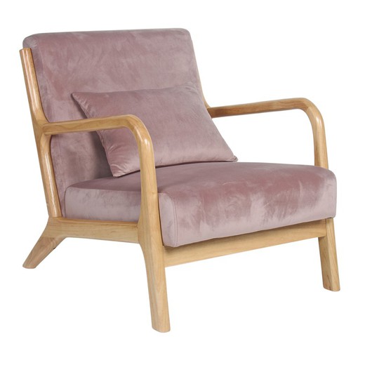 Lichtroze/naturel fauteuil met Risto kussen van fluweel en hout, 66x84x74 cm