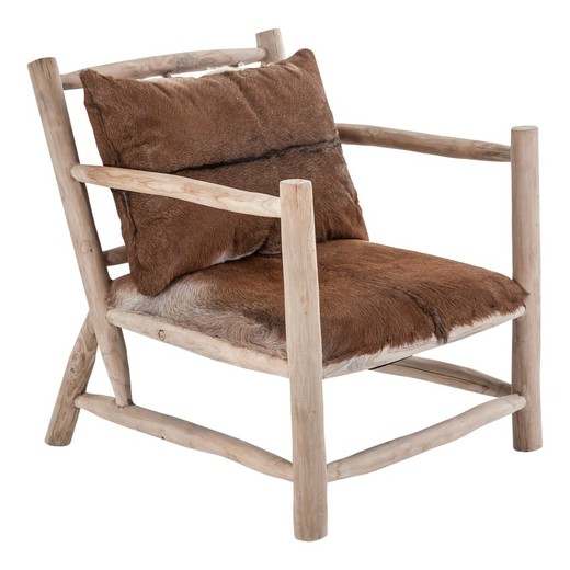 DALLAS lænestol i teaktræ og natur/brunt læder, 70x77x82 cm.