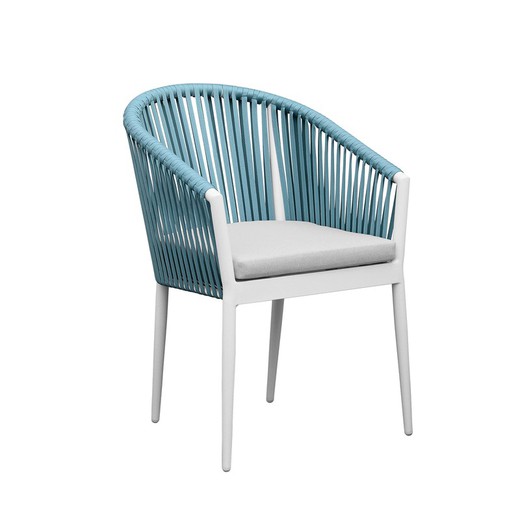Aluminum and rope garden armchair in white and aquamarine, 57 x 59 x 81 cm | Ukiak