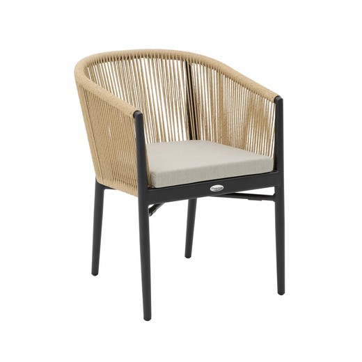 Aluminum and rope garden armchair in black and natural, 58.5 x 61 x 77.5 cm | Fairlee