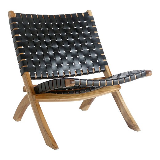 Teak wood and leather armchair in black and natural, 74 x 66 x 73 cm | Perugia