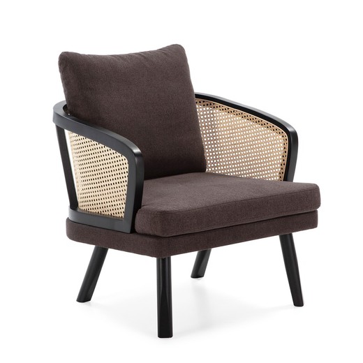 Sessel aus Holz, Stoff und schwarzem/naturfarbenem Rattan, 80 x 75 x 86 cm