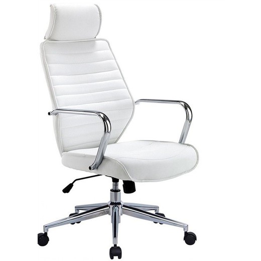 Tilting white imitation leather office armchair with chrome base and arms, 61 x 67 x 112/126 cm