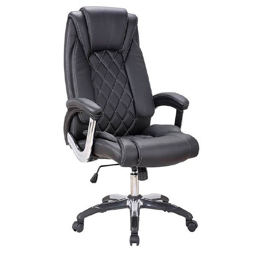 Odchylany fotel biurowy z czarnej imitacji skóry z ramionami i chromowaną podstawą, 66 x 70 x 112/122 cm