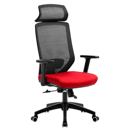 Black mesh and red fabric office armchair, 69 x 61.5 x 119/127 cm