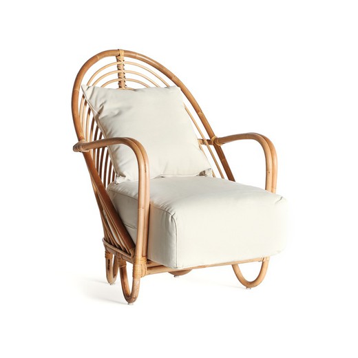 Fotel z rattanu i poliestru w kolorze naturalnym i białym, 75 x 65 x 87 cm | łysy