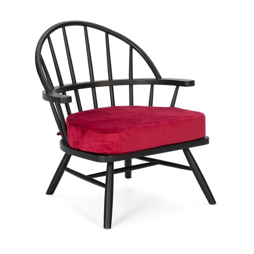 Eg lænestol og sort/rødt stof, 73 x 71 x 77 cm