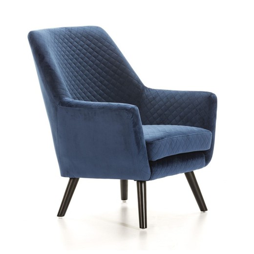 Fotel z niebieskiego aksamitu i czarne metalowe nogi