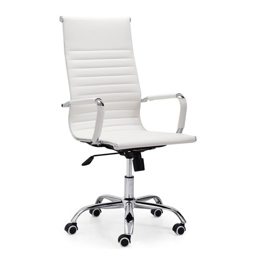 Swivel chair with wheels in white faux leather, 64 x 64 x 106 - 116 cm | Letter